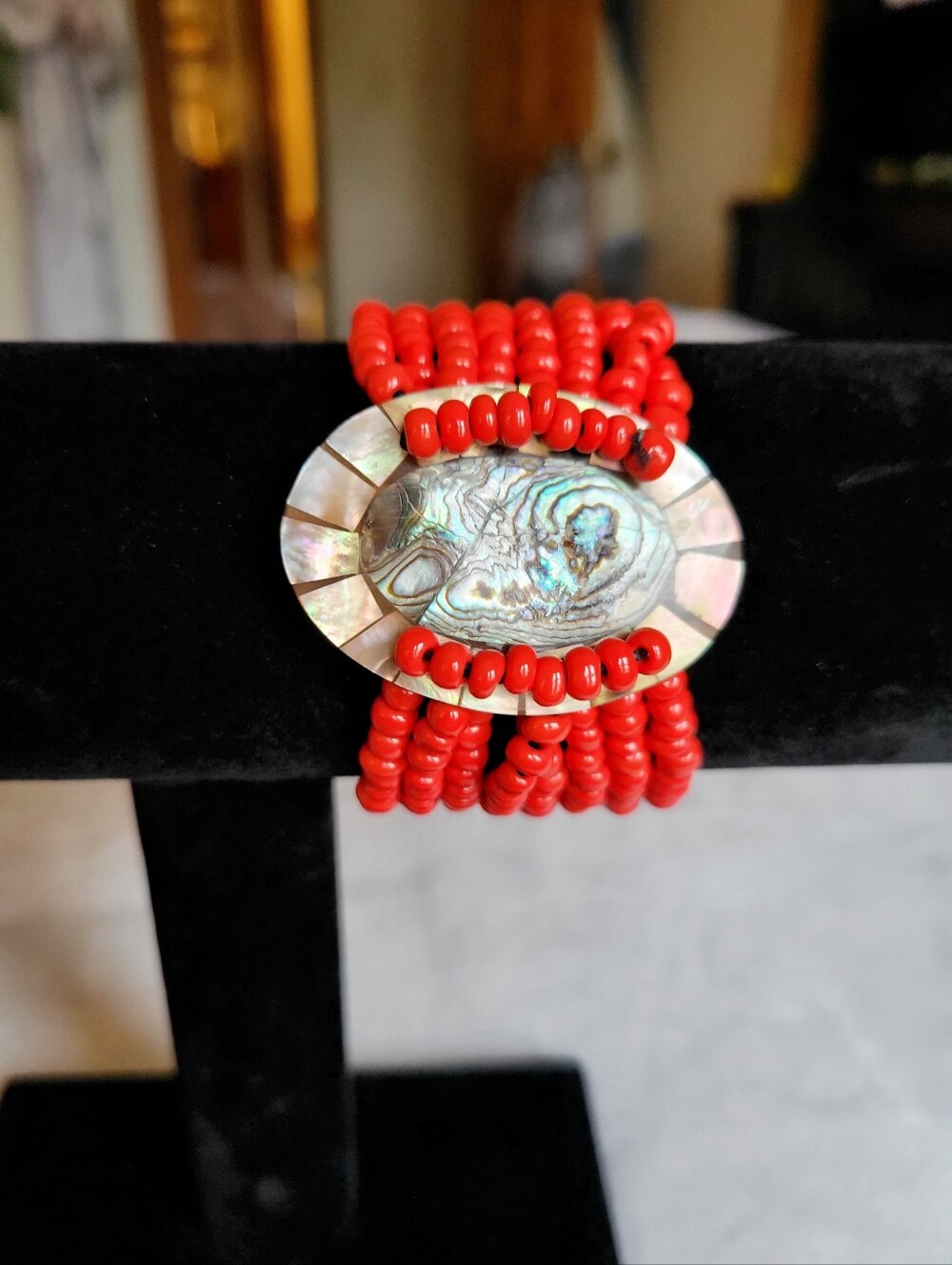 Red Seed Bead Abalone Stretch Bracelet